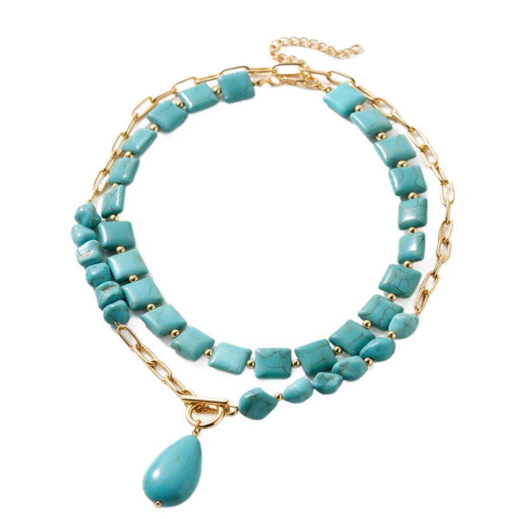 Boho Vintage Turquoise Square & Teardrop Necklace
