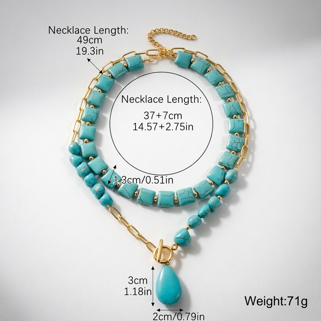 Boho Vintage Turquoise Square & Teardrop Necklace