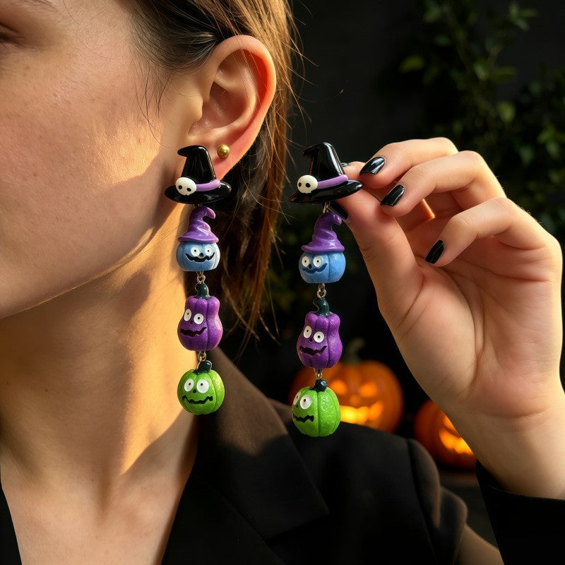 Cute Stacked Witch Hat Pumpkin Earrings