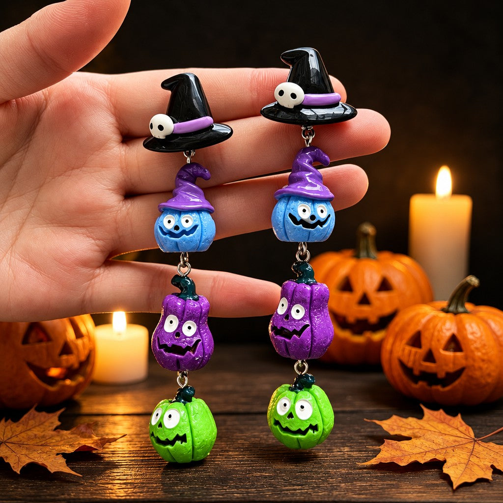 Cute Stacked Witch Hat Pumpkin Earrings