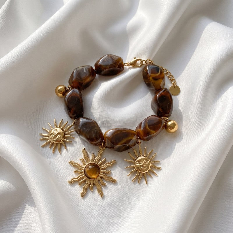 Vintage Amber Resin Sun Charm Bracelet