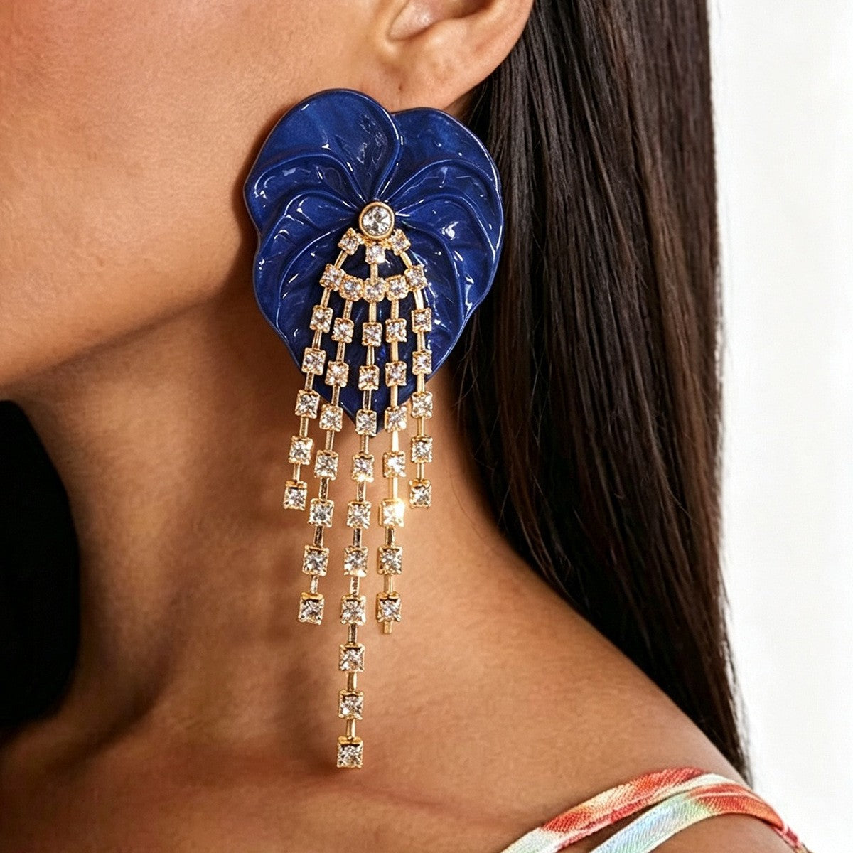 Classy Green Leaf Rhinestone Fringe Earrings