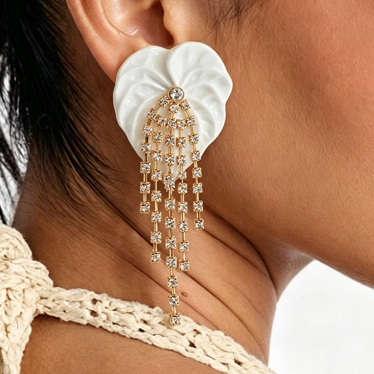 Classy Green Leaf Rhinestone Fringe Earrings