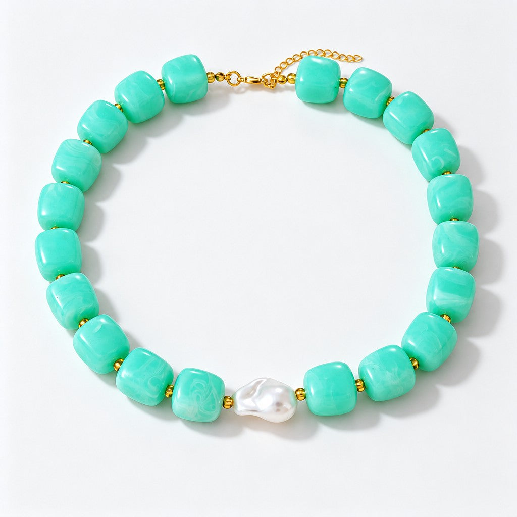 Boho Multicolor Resin Cube & Pearl Necklace