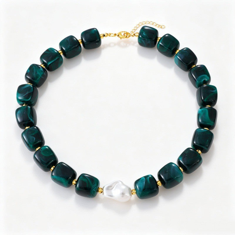 Boho Multicolor Resin Cube & Pearl Necklace