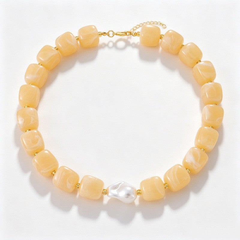 Boho Multicolor Resin Cube & Pearl Necklace