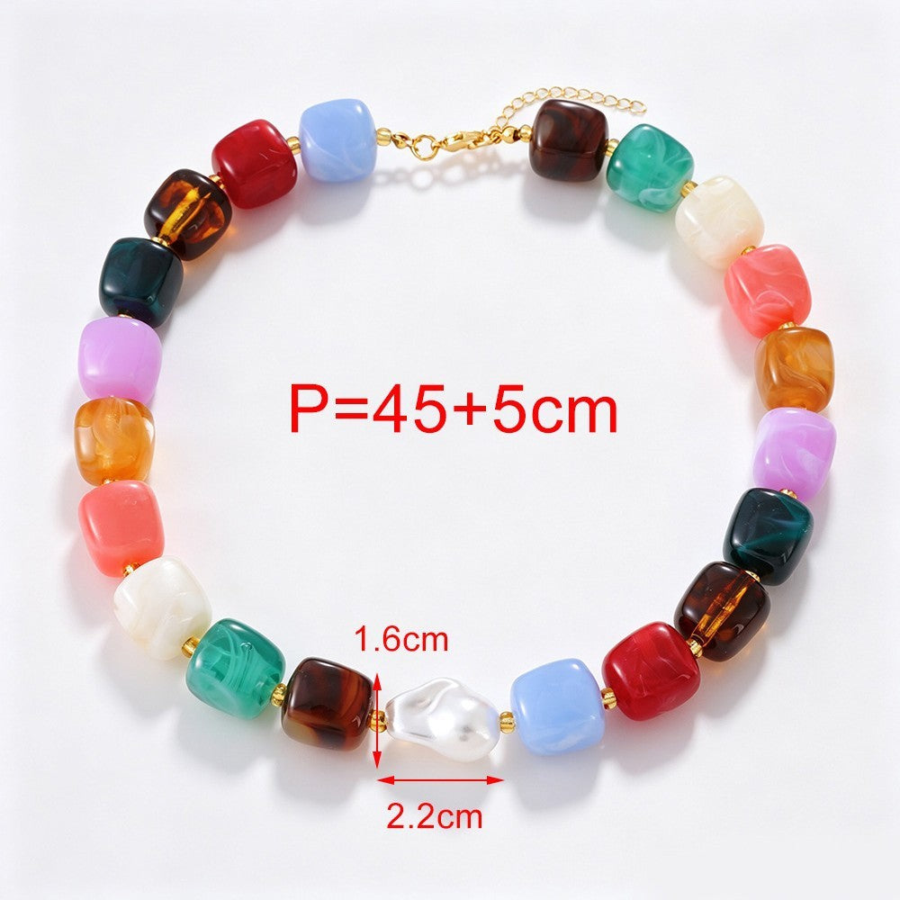 Boho Multicolor Resin Cube & Pearl Necklace