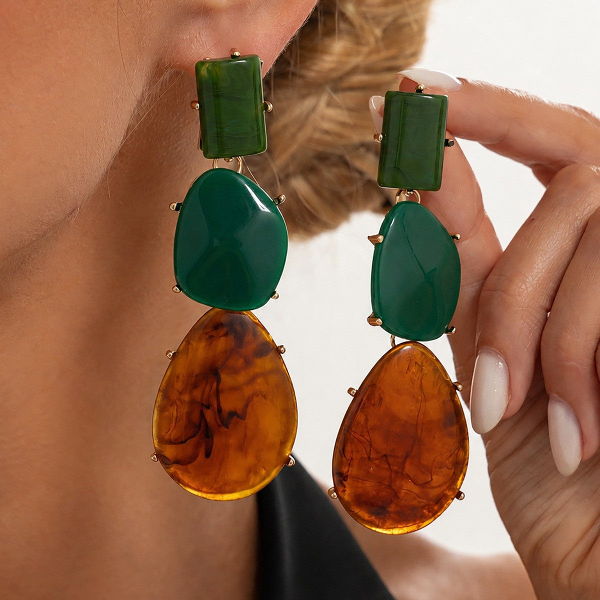 Classy Green Amber Geometric Drop Earrings