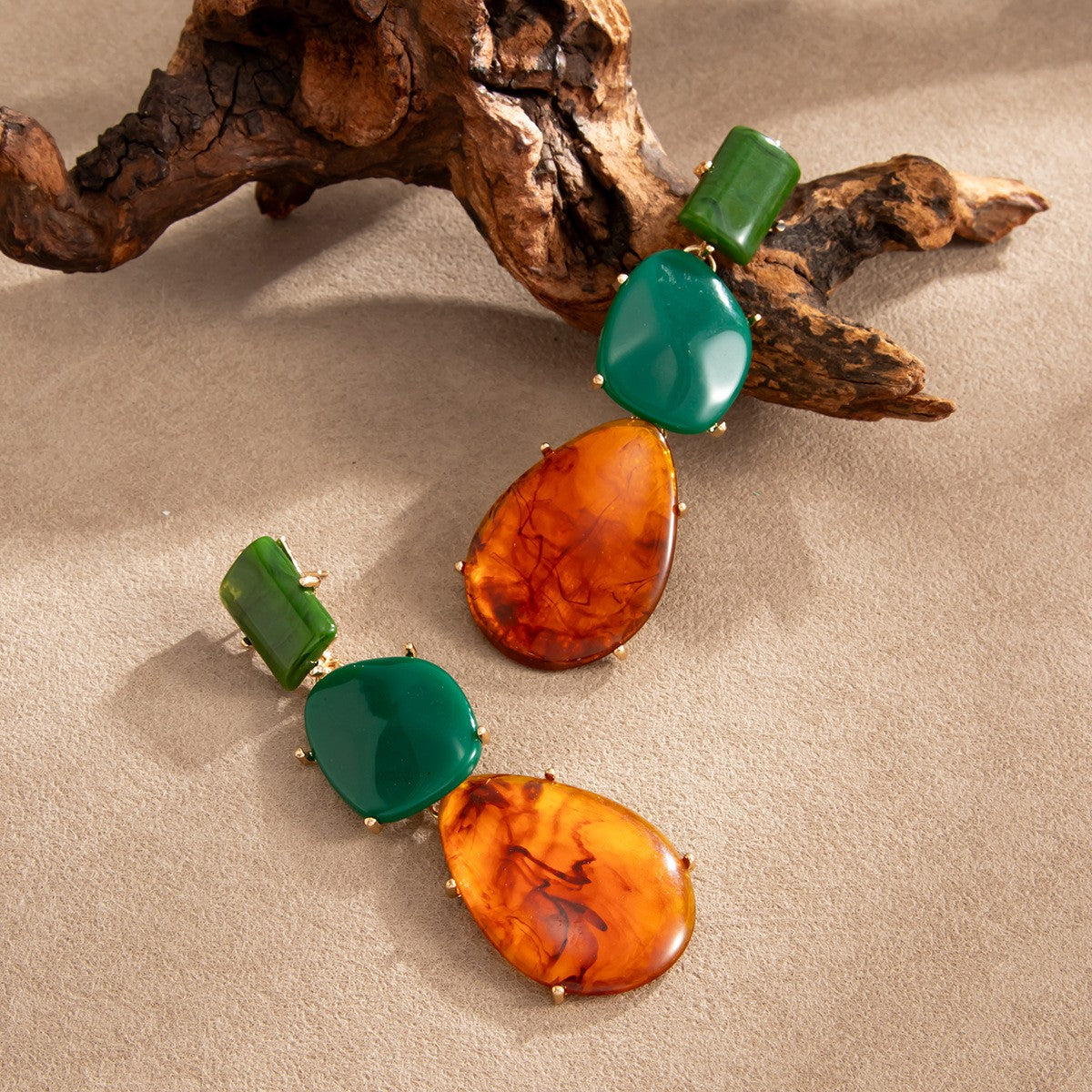 Classy Green Amber Geometric Drop Earrings