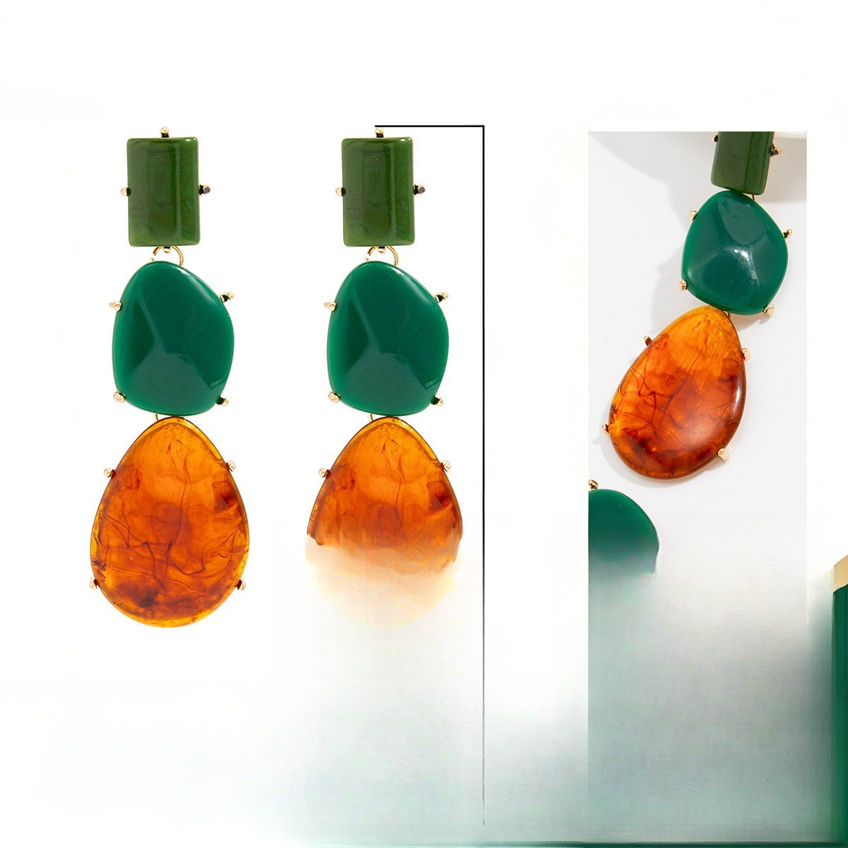 Classy Green Amber Geometric Drop Earrings