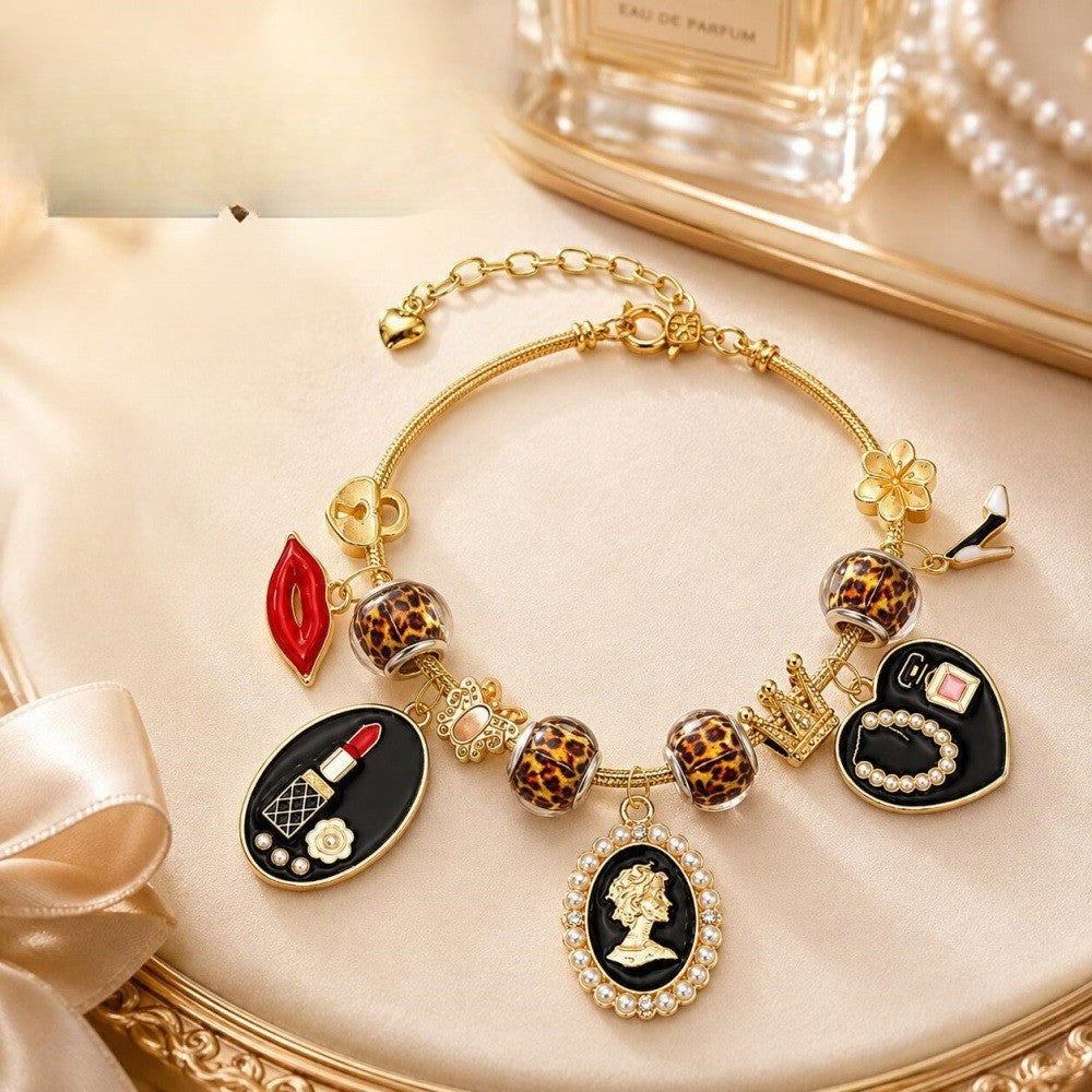 Chic Lipstick and Heart Charm Bracelet