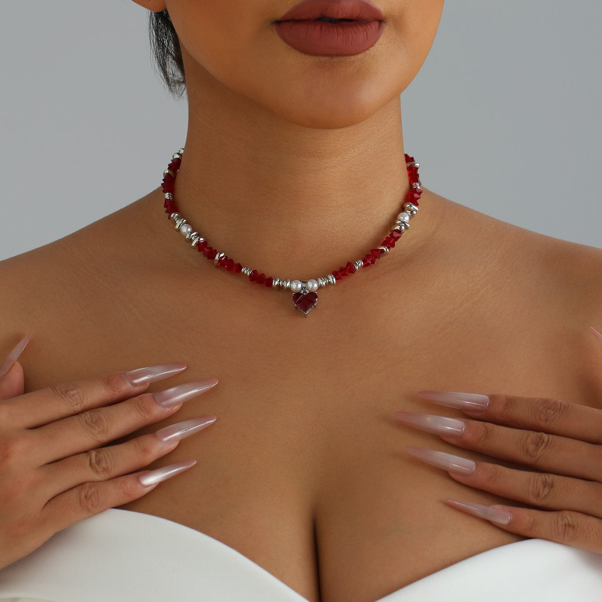 Romantic Red Crystal Heart Choker Necklace