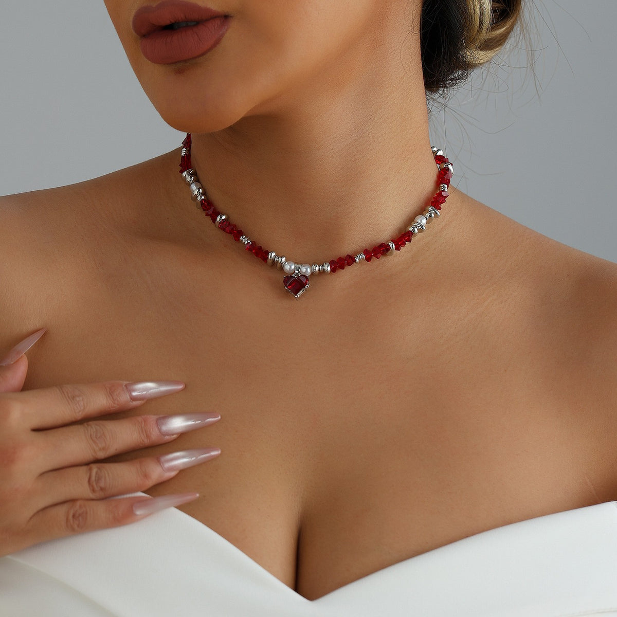 Romantic Red Crystal Heart Choker Necklace