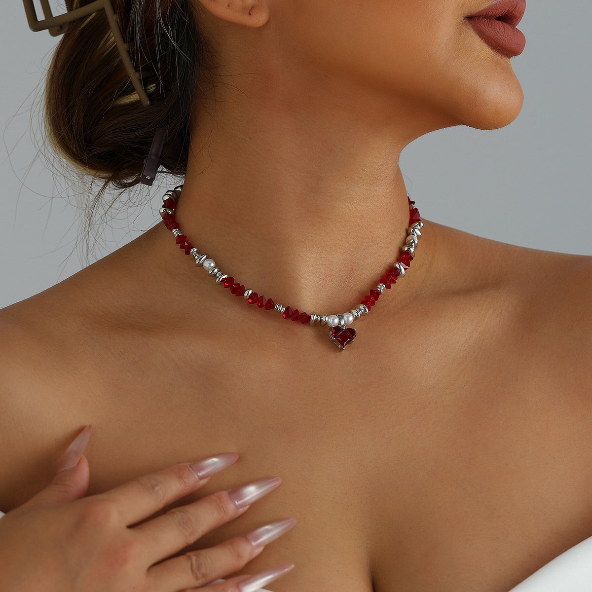 Romantic Red Crystal Heart Choker Necklace