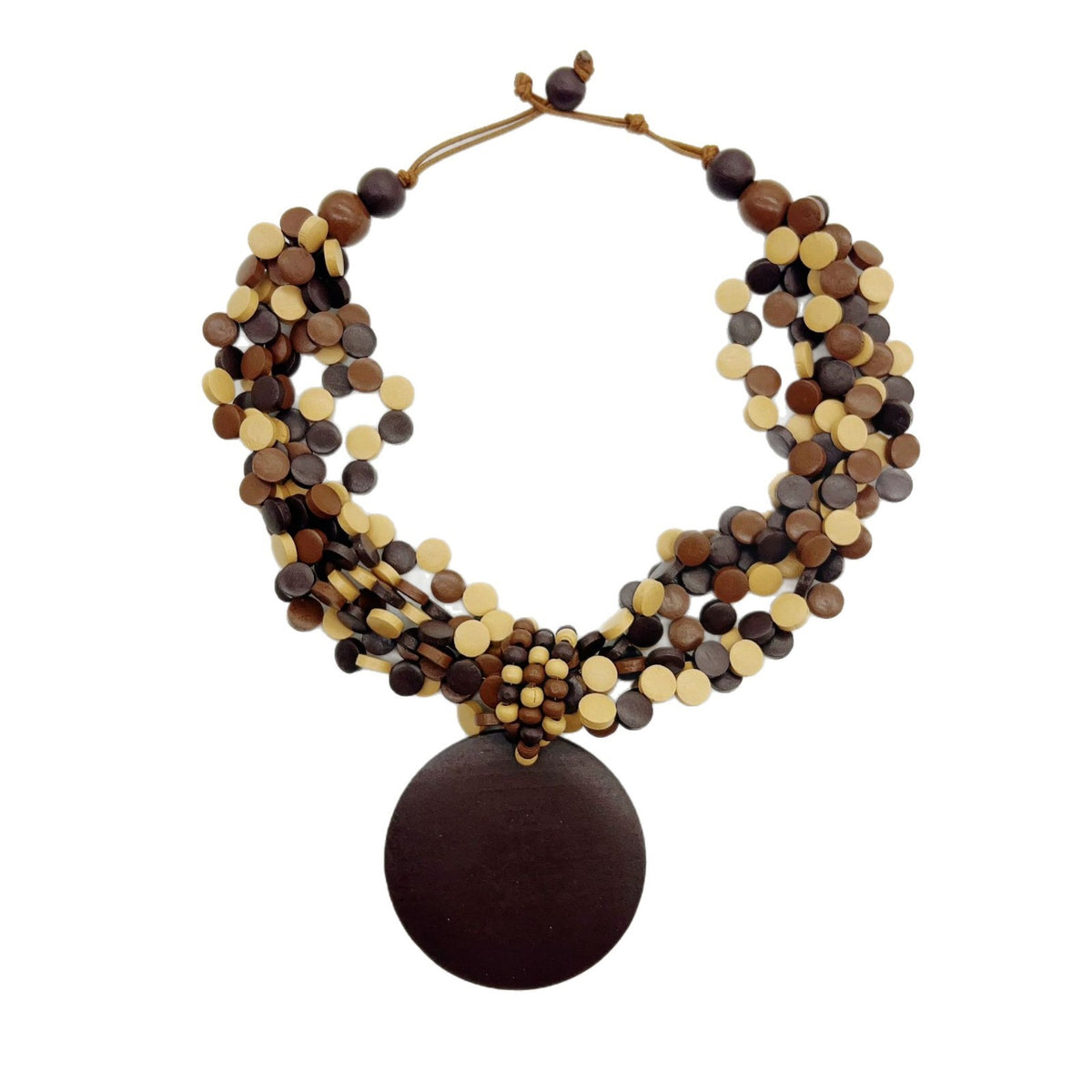 Classy Burgundy Wood Disc Collar Necklace