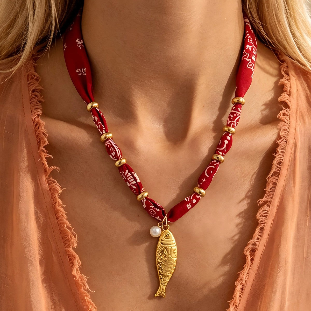 Boho Red Printed Fabric Fish Necklace