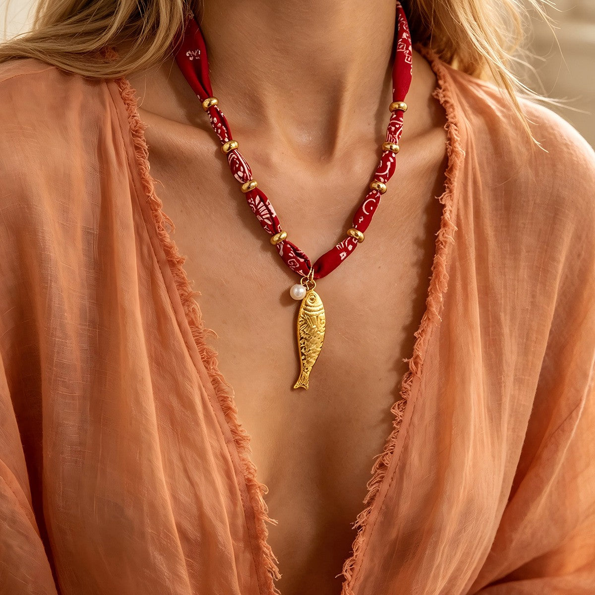 Boho Red Printed Fabric Fish Necklace