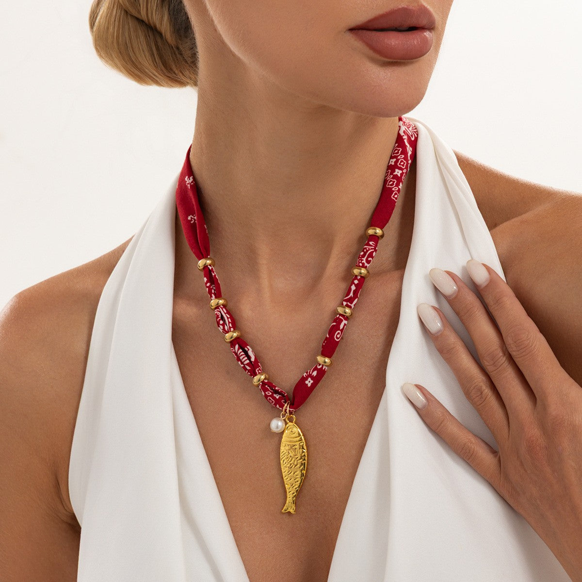 Boho Red Printed Fabric Fish Necklace