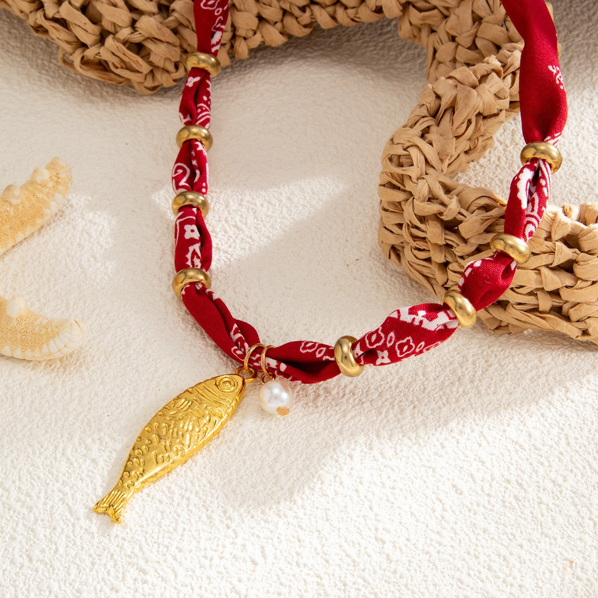 Boho Red Printed Fabric Fish Necklace