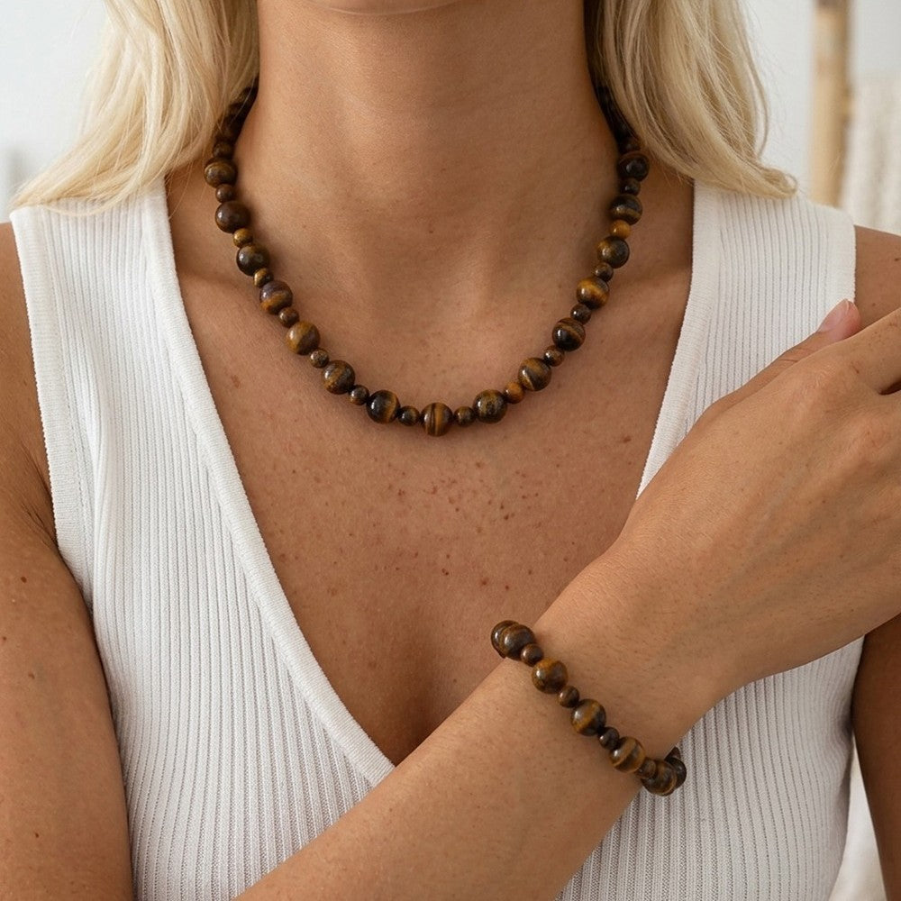 Vintage Tiger Eye Bead Necklace & Bracelet Set