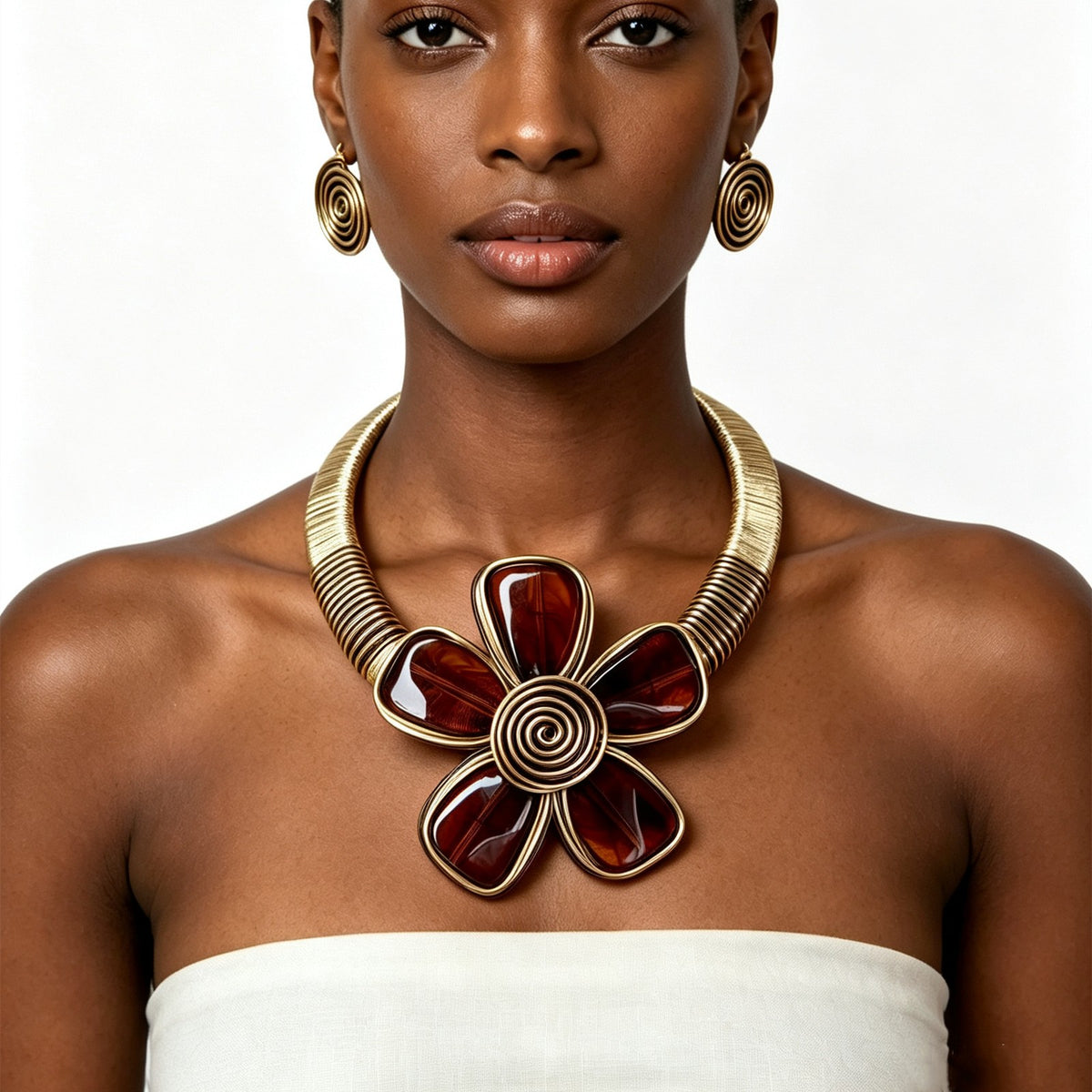 Boho Amber Resin Flower Collar Necklace & Earring Set