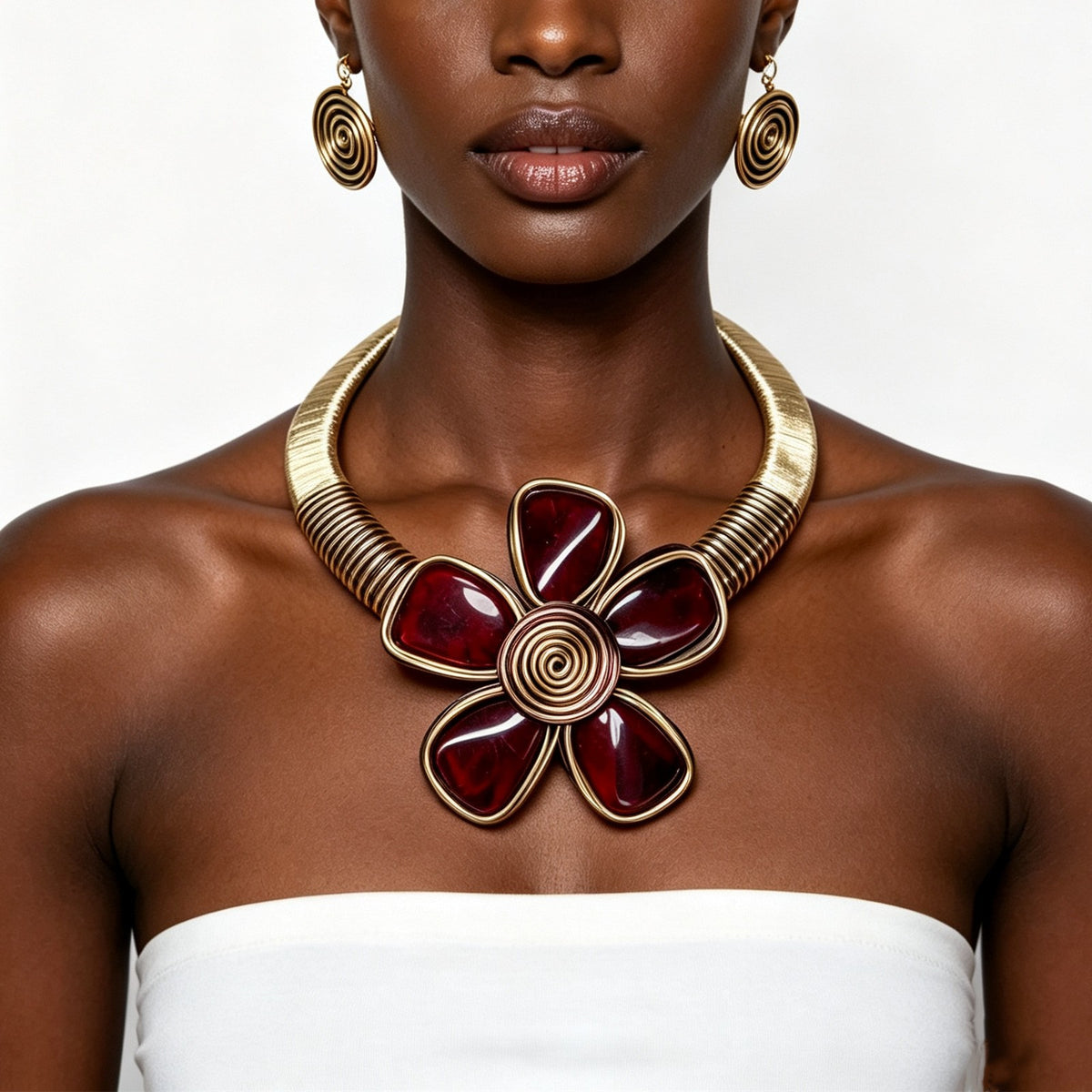 Boho Amber Resin Flower Collar Necklace & Earring Set