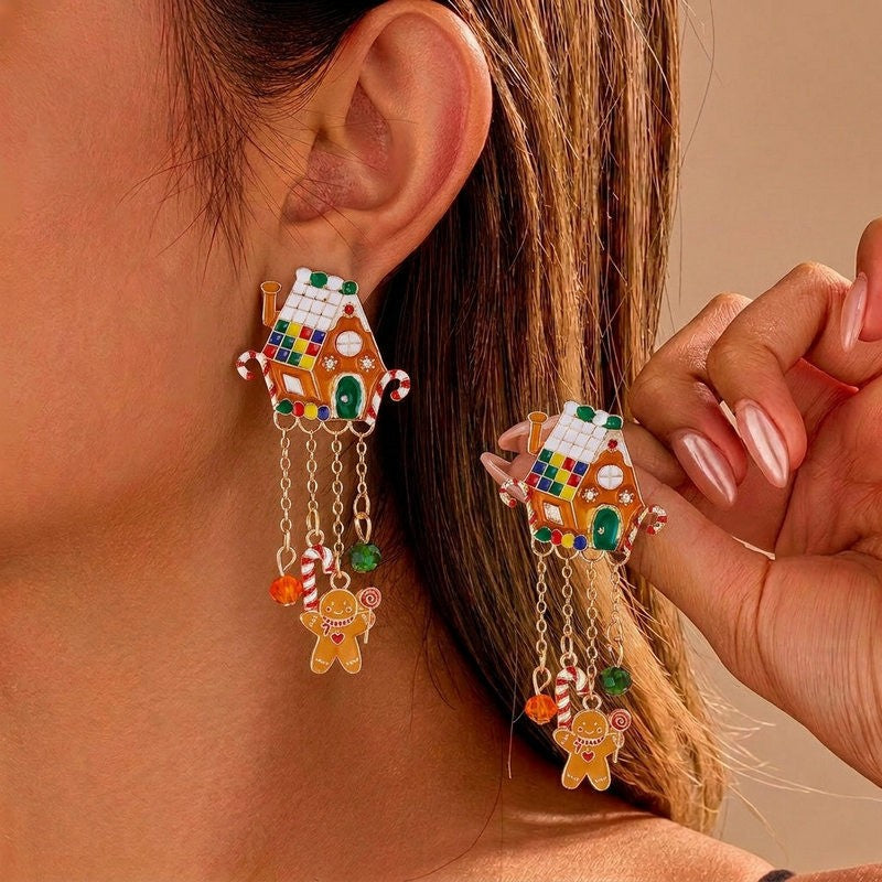Festive Enamel Gingerbread House Dangle Earrings