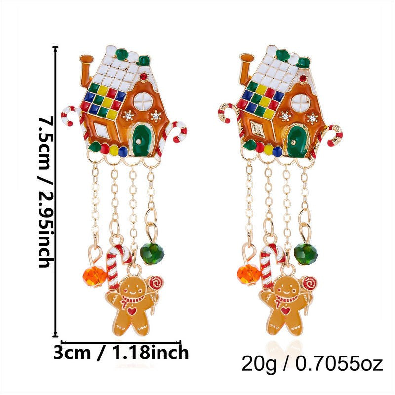 Festive Enamel Gingerbread House Dangle Earrings