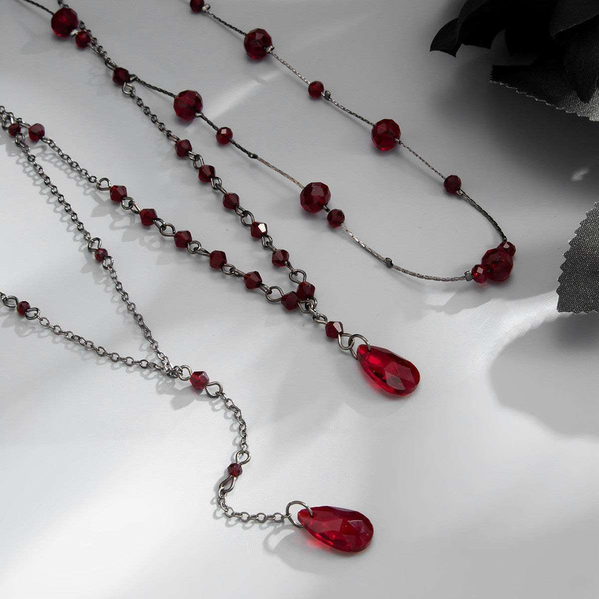 3pc Gothic Red Teardrop Layered Necklace Set