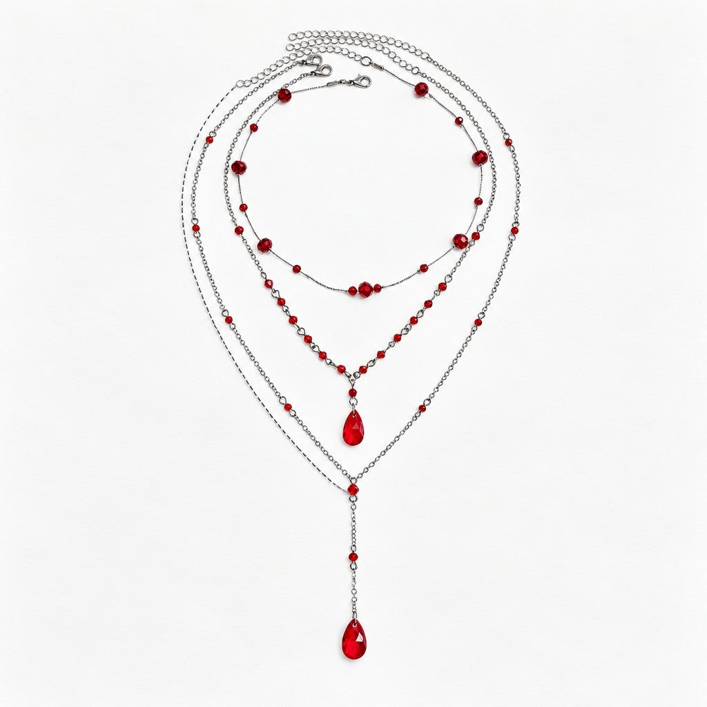 3pc Gothic Red Teardrop Layered Necklace Set