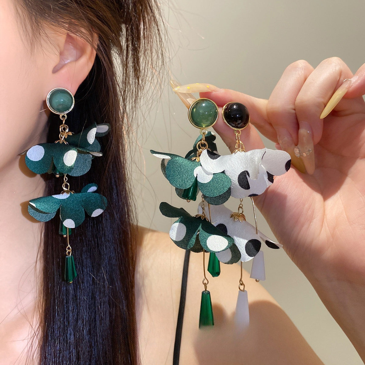 Romantic Polka Dot Floral Tassel Earrings