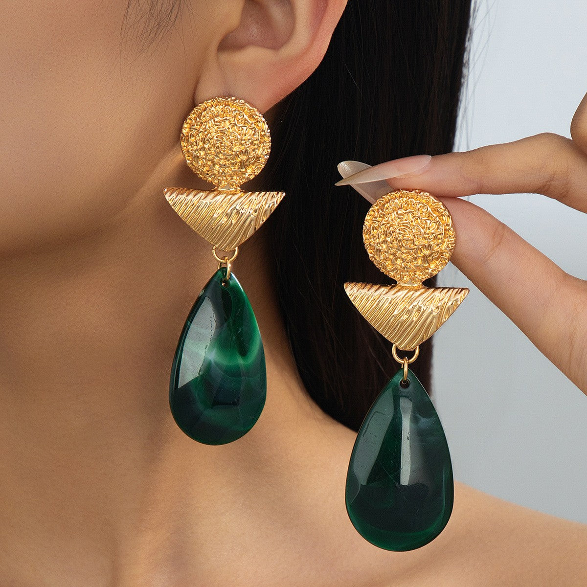 Classy Green Malachite Geometric Dangle Earrings
