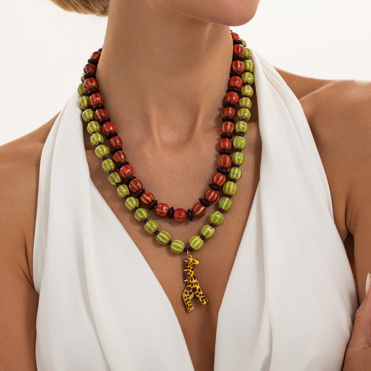 Boho Layered Watermelon Ceramic Giraffe Necklace