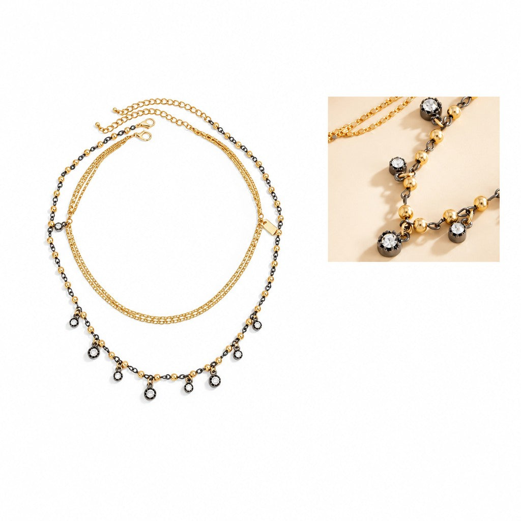Classy Square Tag & Zircon Fringe Multi-Layer Necklace