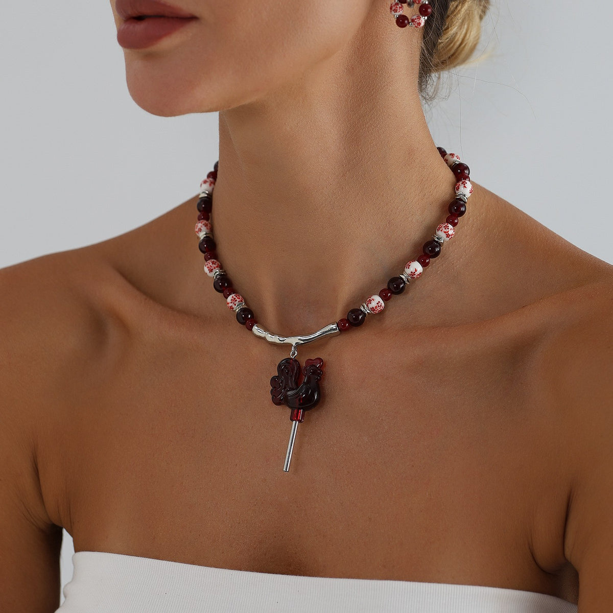 Boho Red Rooster Beaded Collar Necklace