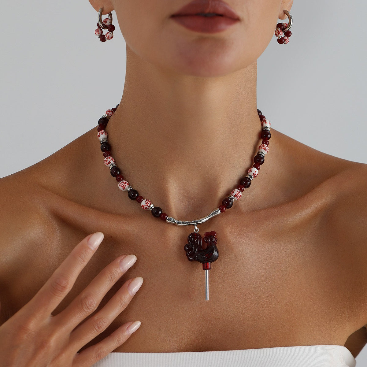 Boho Red Rooster Beaded Collar Necklace