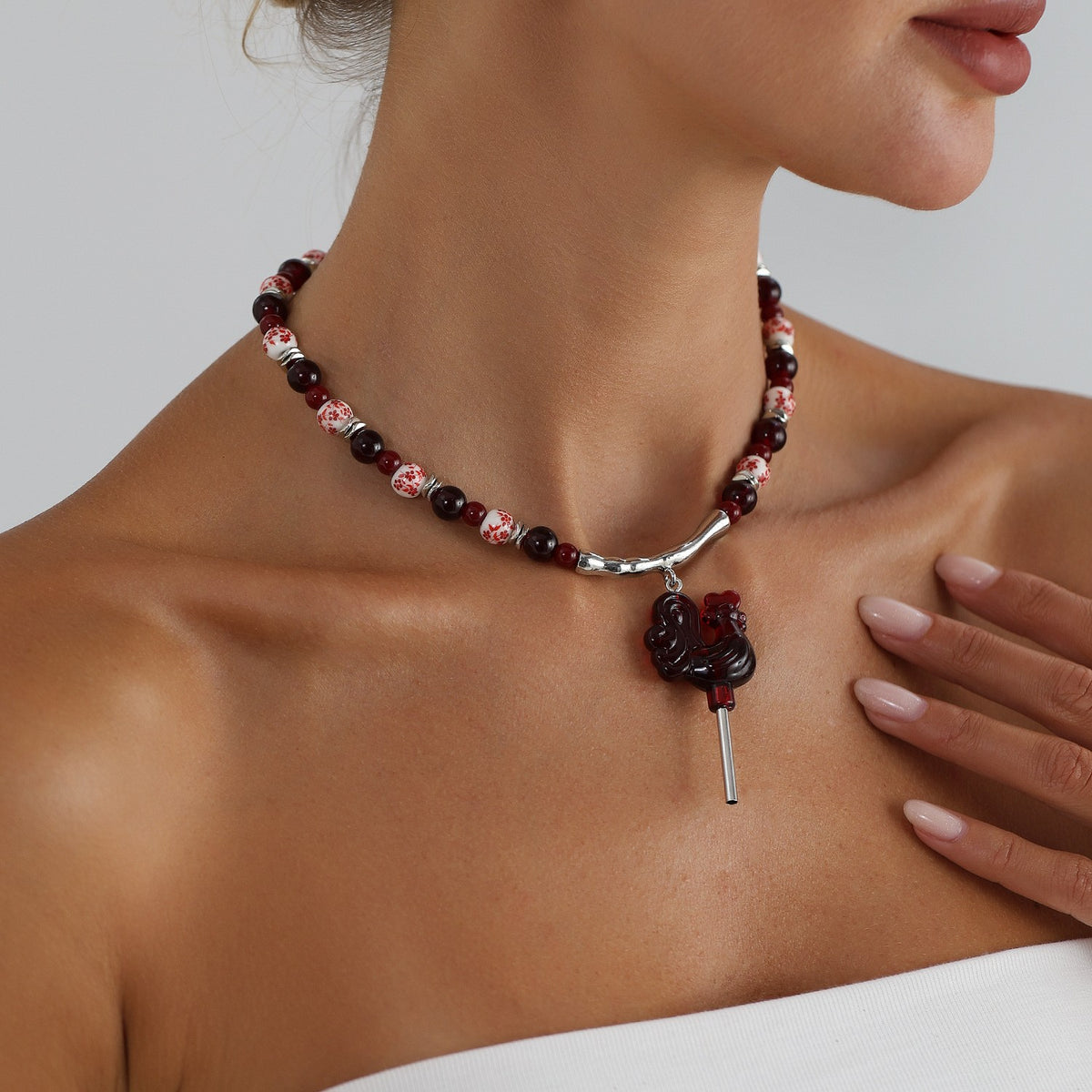 Boho Red Rooster Beaded Collar Necklace