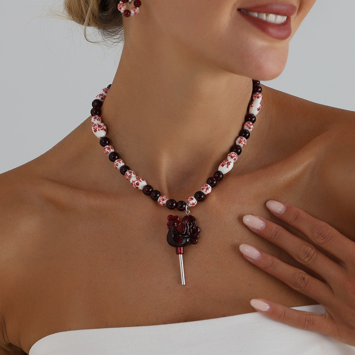 Classy Red Rooster Beaded Necklace
