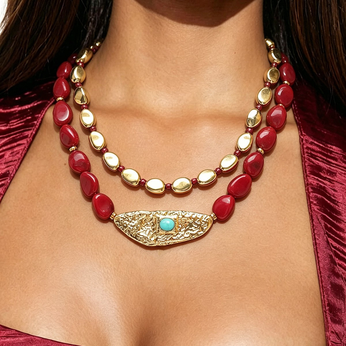 Boho Vintage Red Beaded Layered Necklace