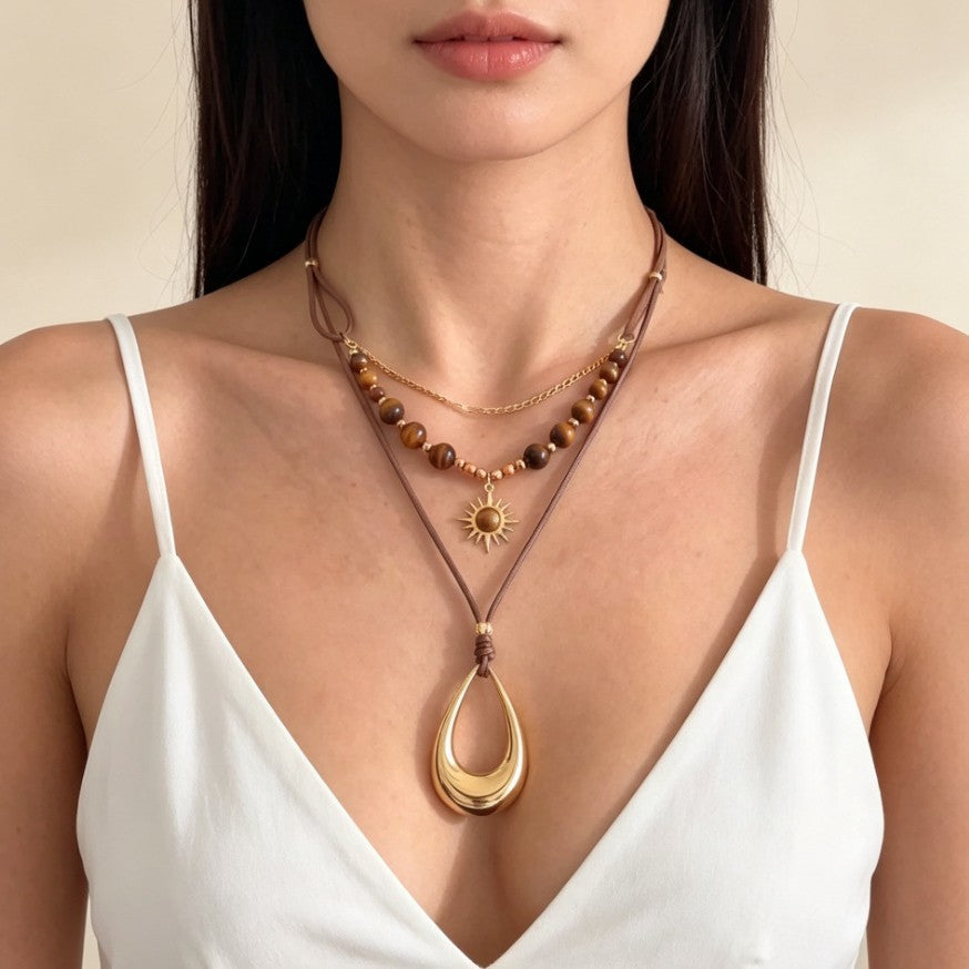 Vintage Tiger Eye Sun & Teardrop Layered Necklace
