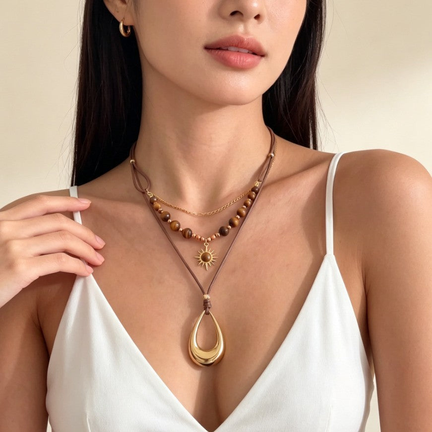 Vintage Tiger Eye Sun & Teardrop Layered Necklace