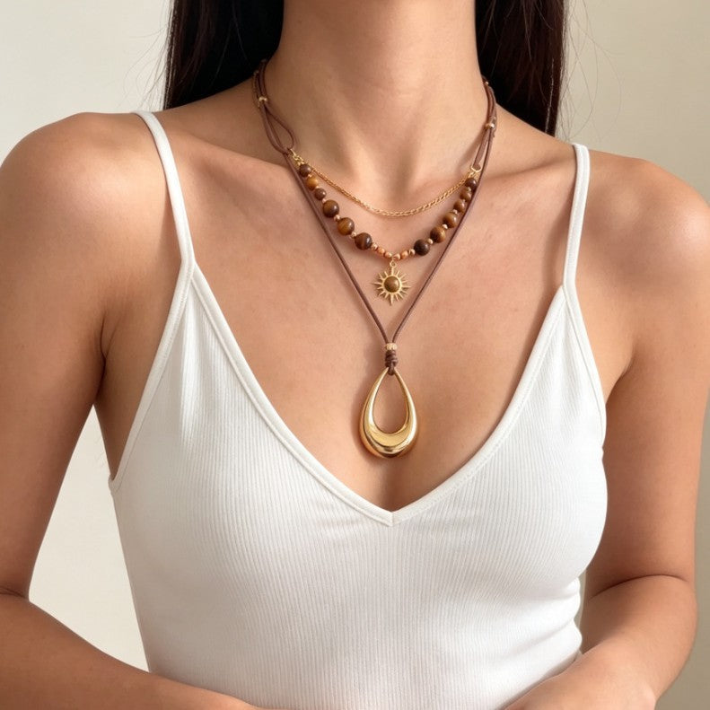 Vintage Tiger Eye Sun & Teardrop Layered Necklace