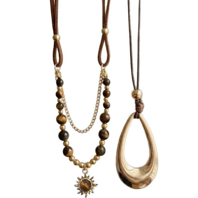Vintage Tiger Eye Sun & Teardrop Layered Necklace