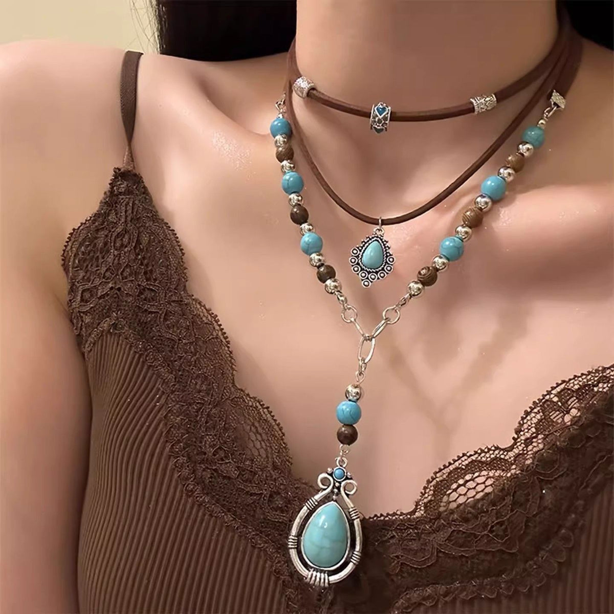 Boho Vintage Turquoise Y-Necklace Set