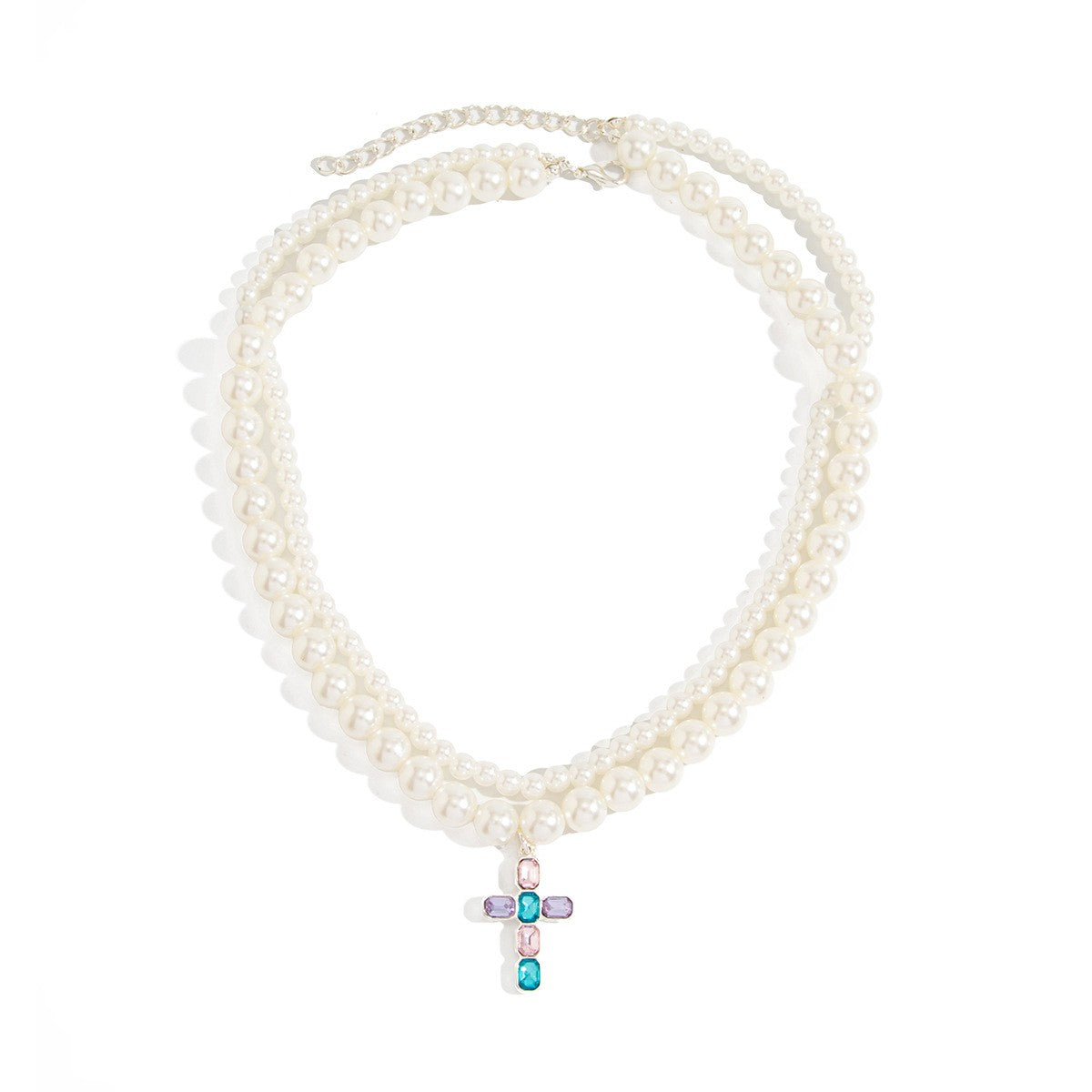 Elegant Layered Faux Pearl Geometric Cross Necklace