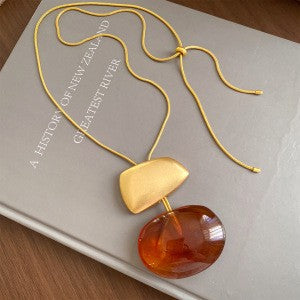 Boho Geometric Amber Resin Pendant Necklace