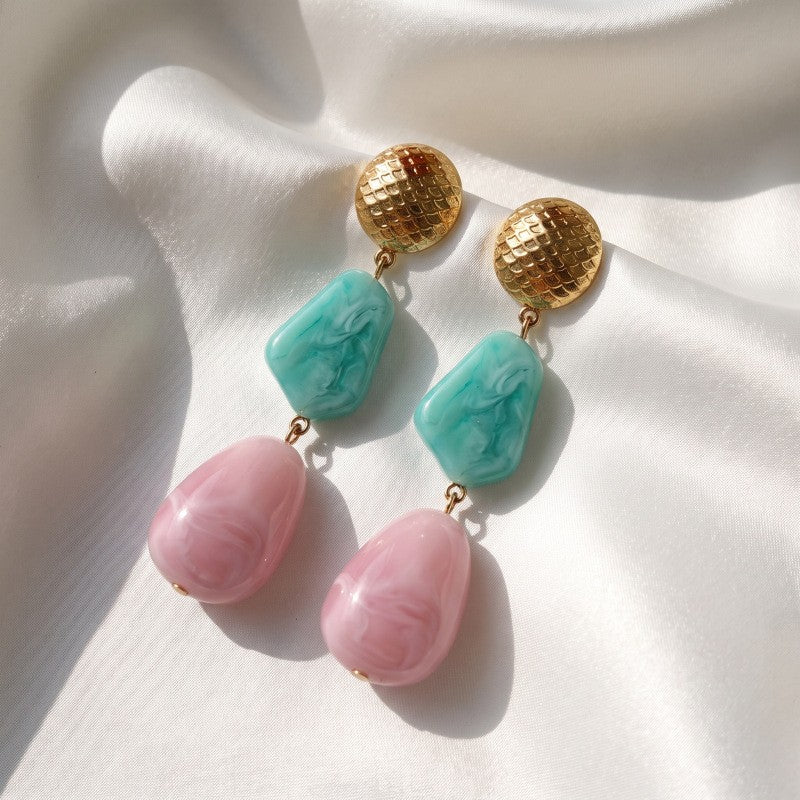 Boho Marbled Teal And Pink Resin Drop Earrings