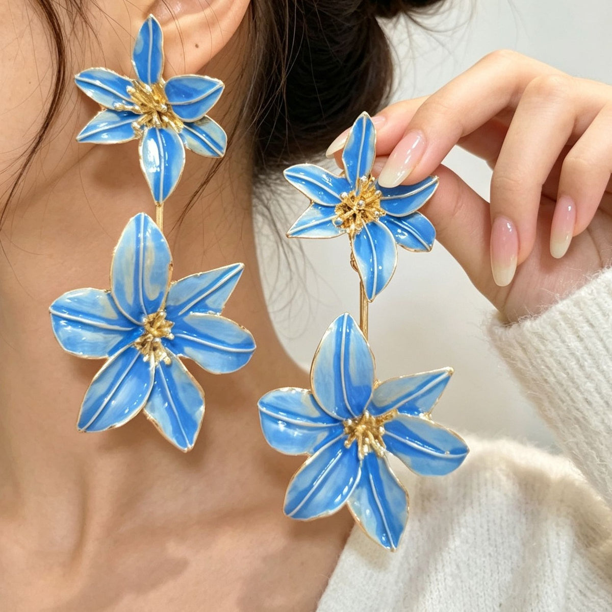 Romantic Blue Enamel Flower Drop Earrings