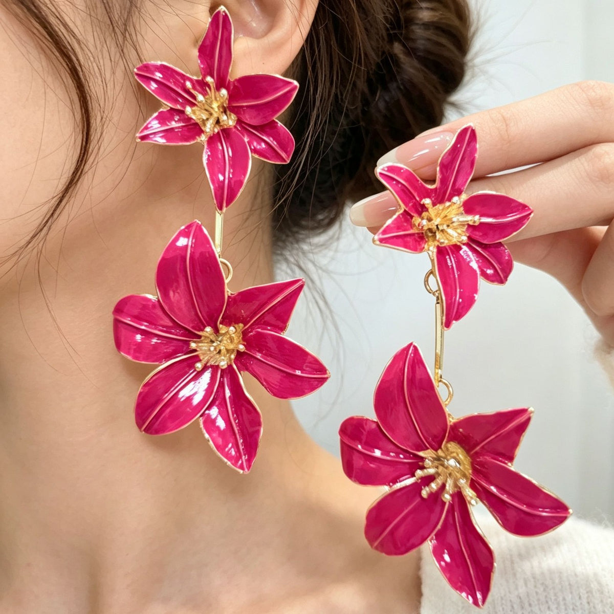 Romantic Blue Enamel Flower Drop Earrings