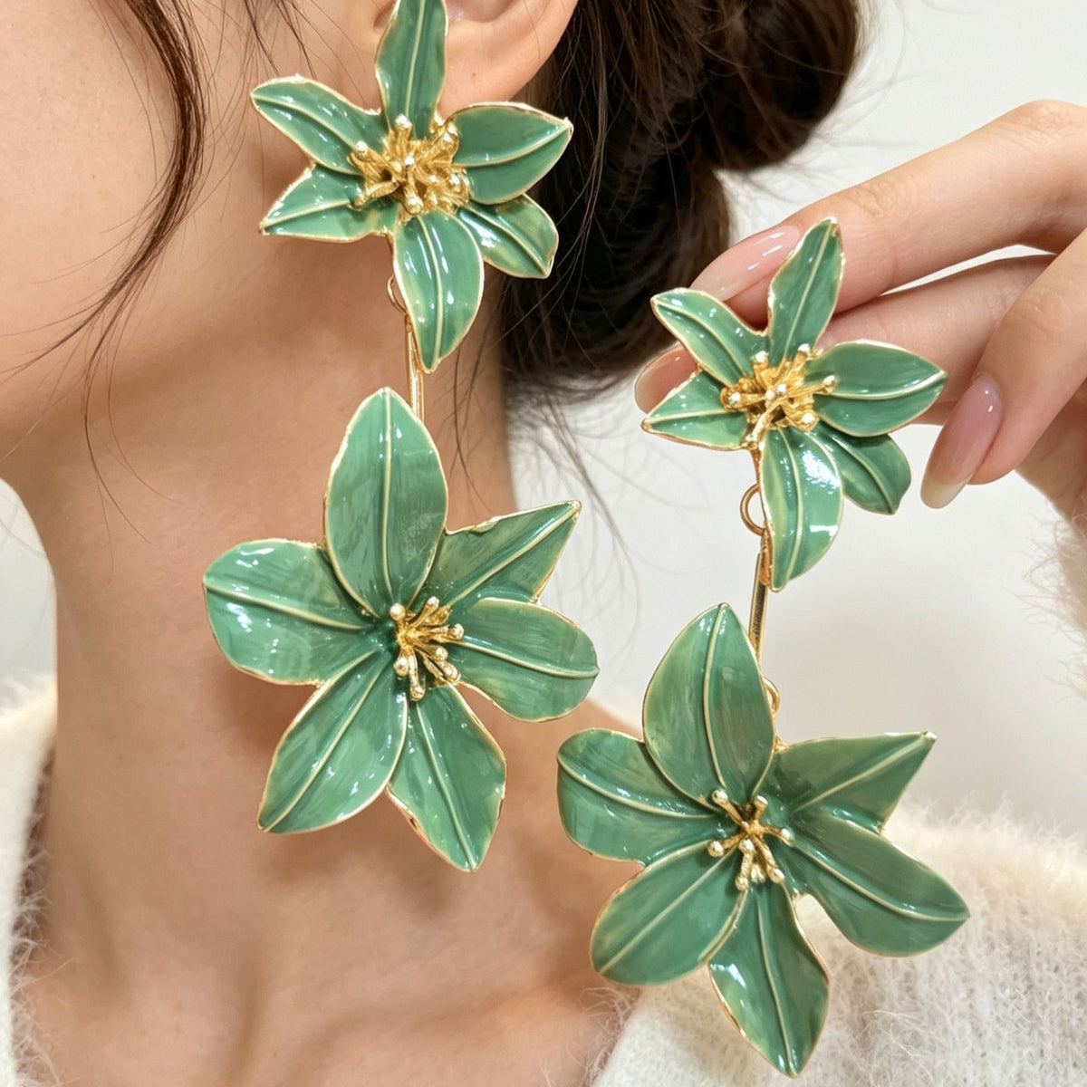 Romantic Blue Enamel Flower Drop Earrings